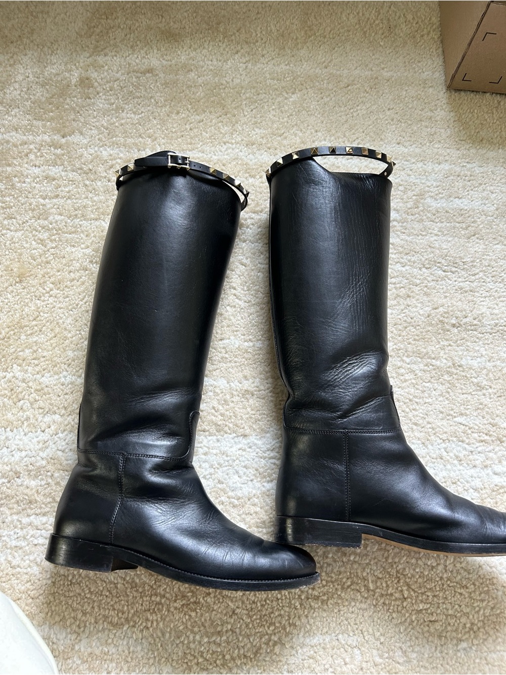 Valentino Garavani Rockstud Riding Boots Black Leather Knee High Boots Size 38